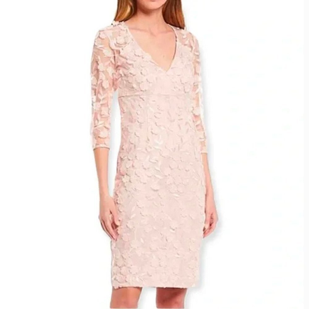 Eliza J Pink 3D Embroidered Appliqué Flowers Dress 3/4 Sleeve V Neck Formal NEW